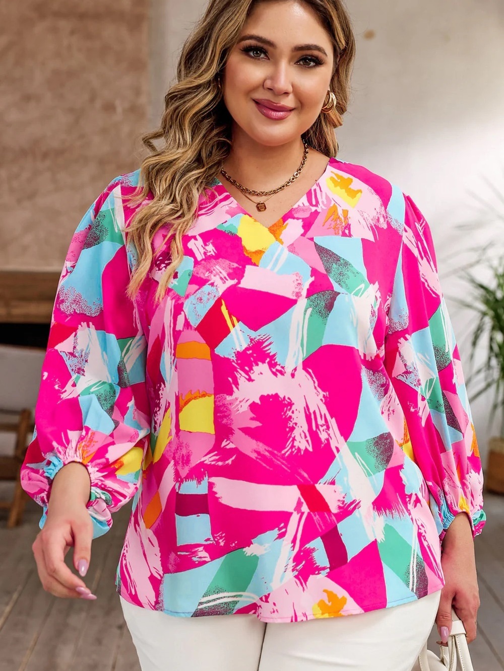 Adrienne Pink Abstract V Neck Blouse Size Large.